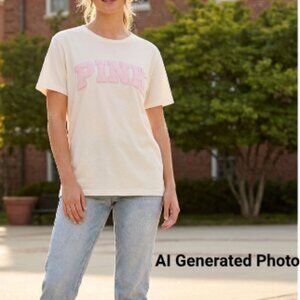 NWT Victoria's Secret PINK Cream/Pink Lace Campus Cotton Tee Size XS
